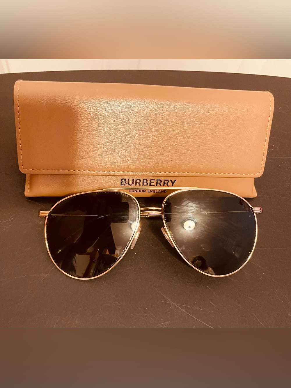 Burberry Gold Frame Aviator Sunglasses with Black Lenses and Tan Case